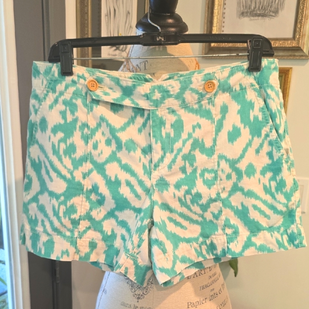 LOFT High Waist Linen Green and White Shorts